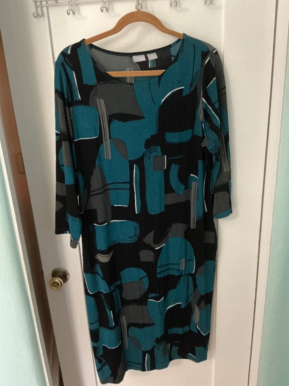 Chico’s Abstract Print Midi Dress | Teal & Black 3/4 Sleeve Sheath Dress